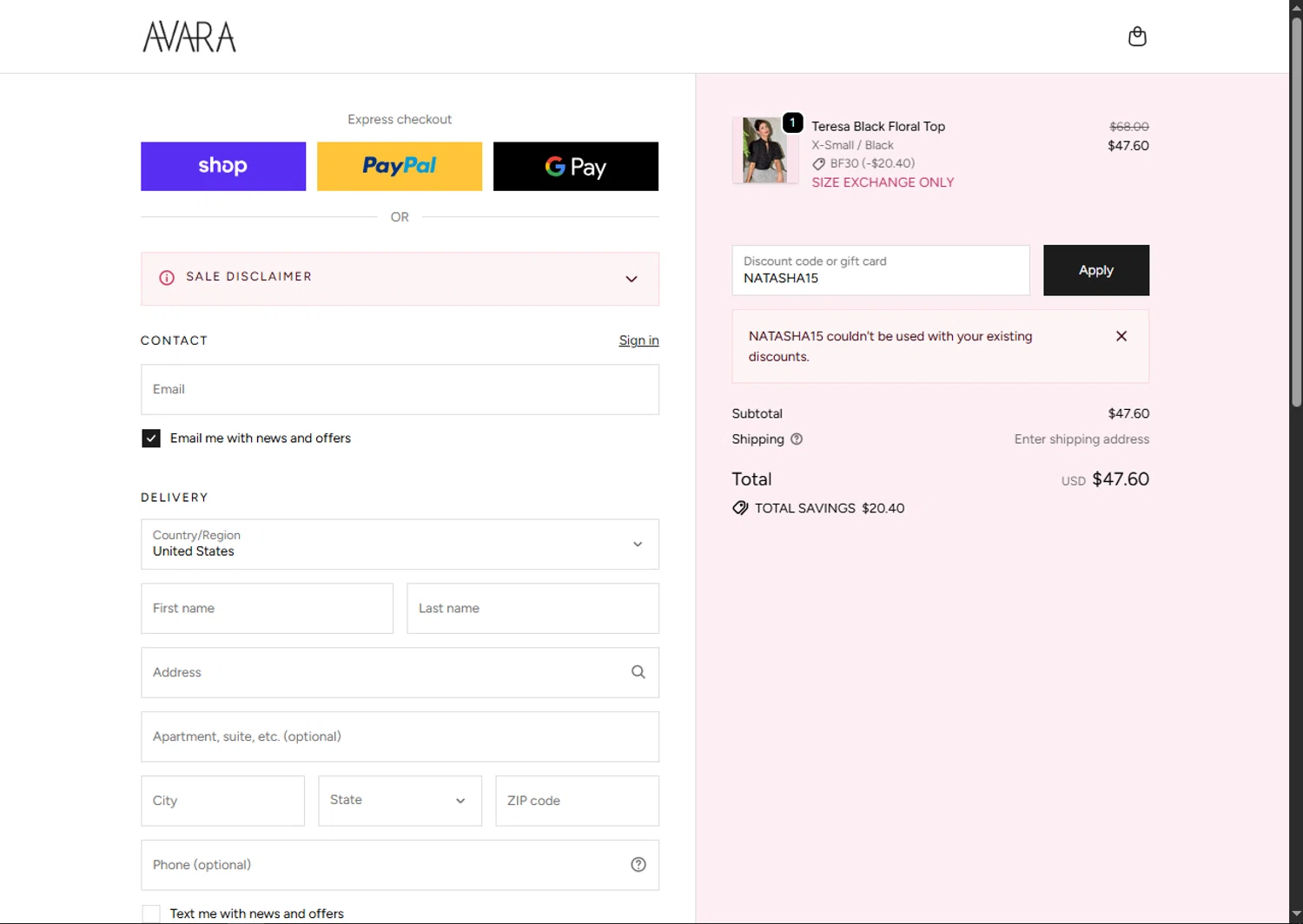 Shop Avara discount code screenshot showing code NATASHA15 applied at Shop Avara checkout page. Uploaded by SimplyCodes community member MagnificentFalcon188 on Nov 27, 2025