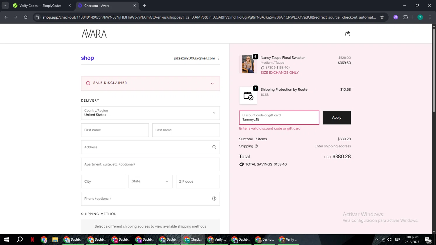 Shop Avara discount code screenshot showing code Tammyc15 applied at Shop Avara checkout page. Uploaded by SimplyCodes community member FrugalCaptain6906 on Dec 2, 2025