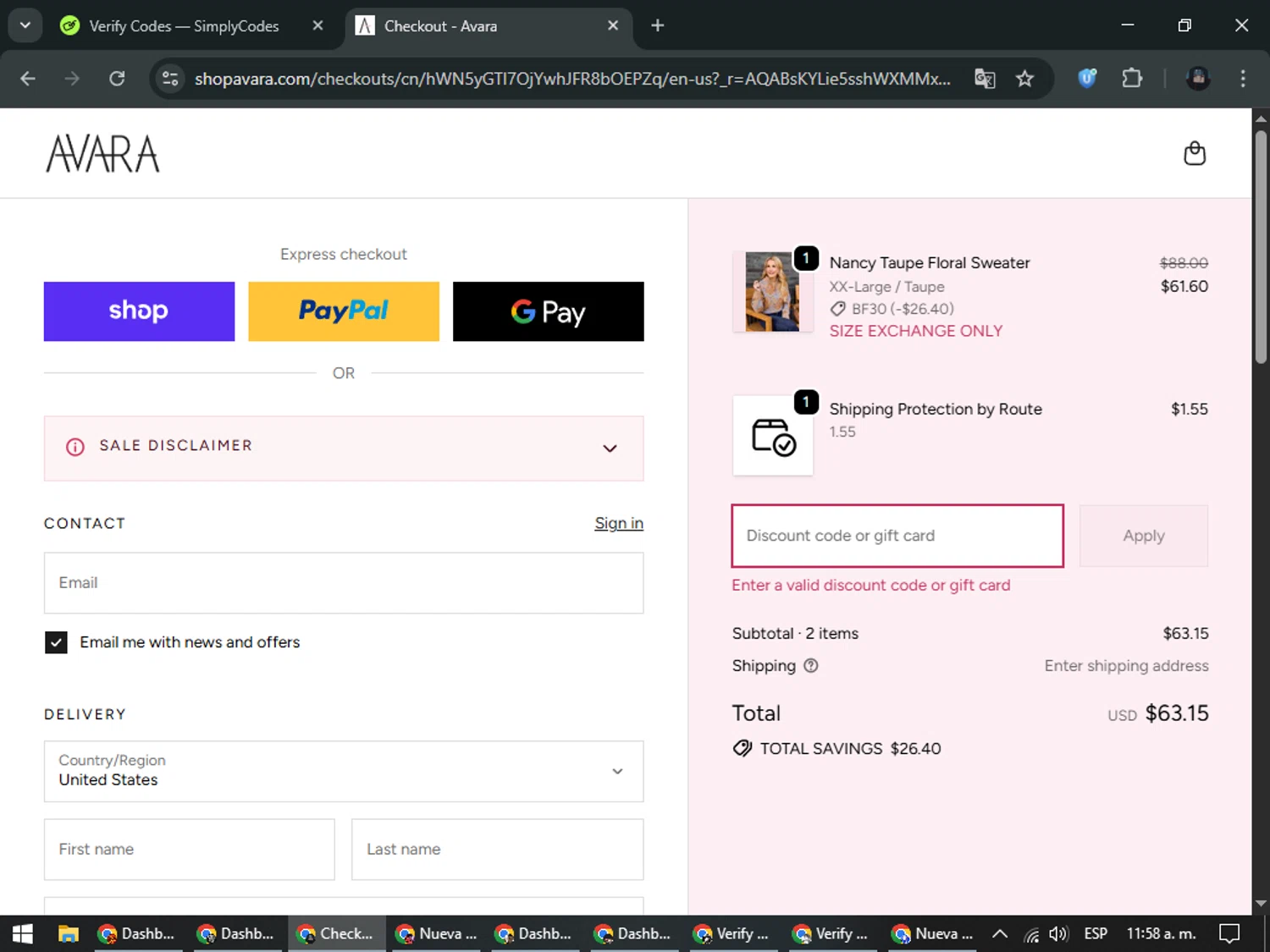 Shop Avara discount code screenshot showing code Tammyc15 applied at Shop Avara checkout page. Uploaded by SimplyCodes community member ValueElite5945 on Dec 2, 2025