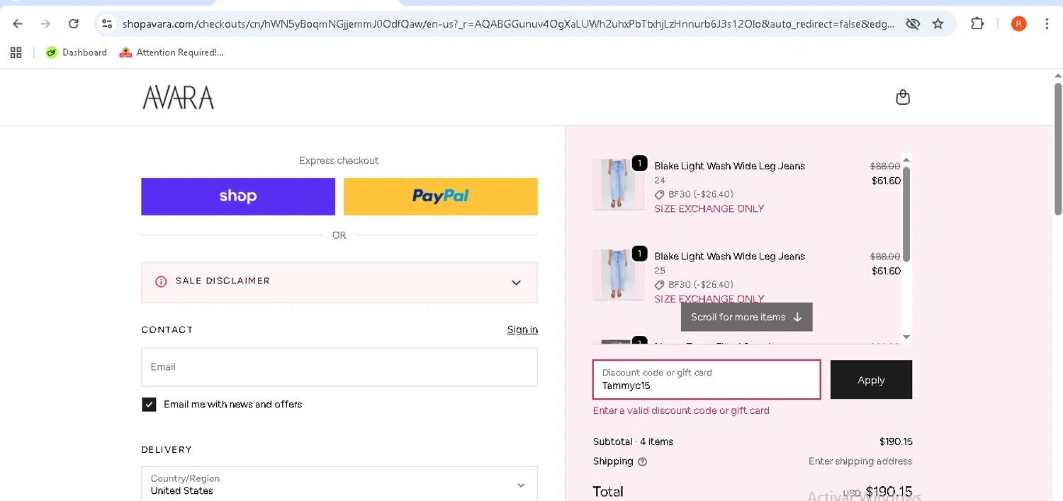 Shop Avara discount code screenshot showing code Tammyc15 applied at Shop Avara checkout page. Uploaded by SimplyCodes community member rodolfocaraballo on Dec 2, 2025