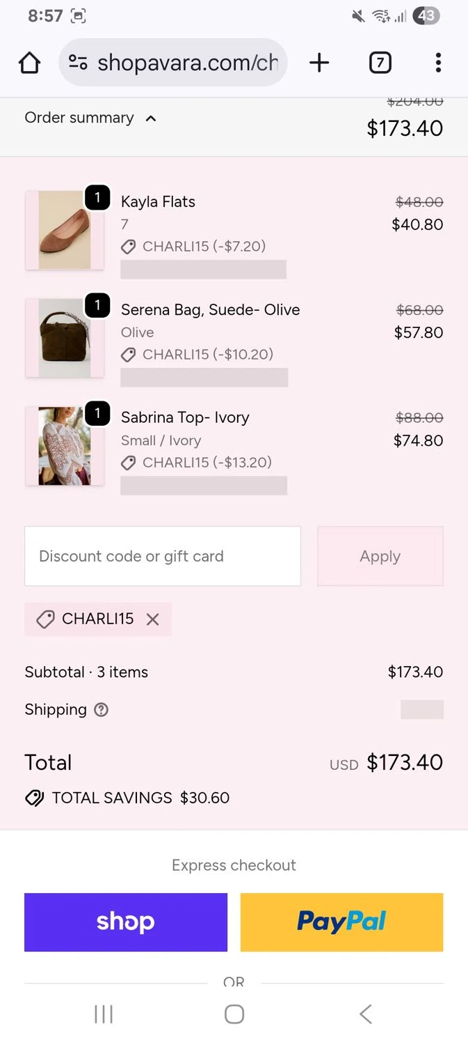 Shop Avara discount code screenshot showing code Charli15 applied at Shop Avara checkout page. Uploaded by SimplyCodes community member KarinaHZ on Sep 24, 2025