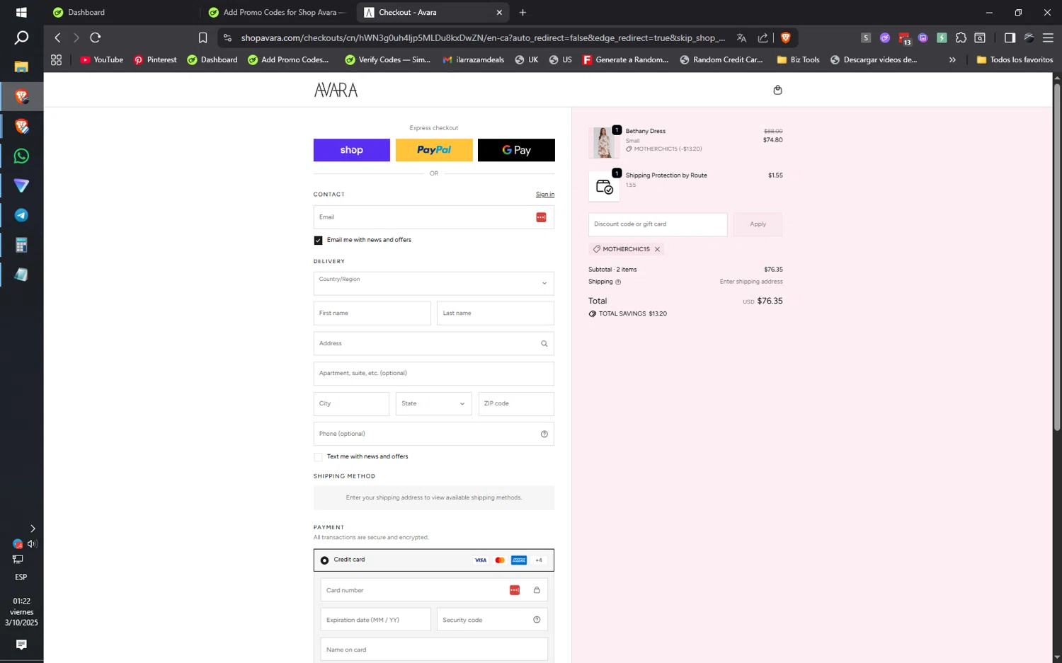 Shop Avara discount code screenshot showing code MOTHERCHIC15 applied at Shop Avara checkout page. Uploaded by SimplyCodes community member ilarrazaM1 on Oct 3, 2025