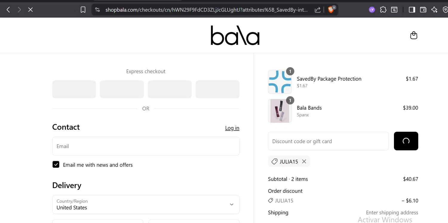 Bala Bangles discount code screenshot showing code Julia15 applied at Bala Bangles checkout page. Uploaded by SimplyCodes community member GloriousTitan3094 on Aug 23, 2025