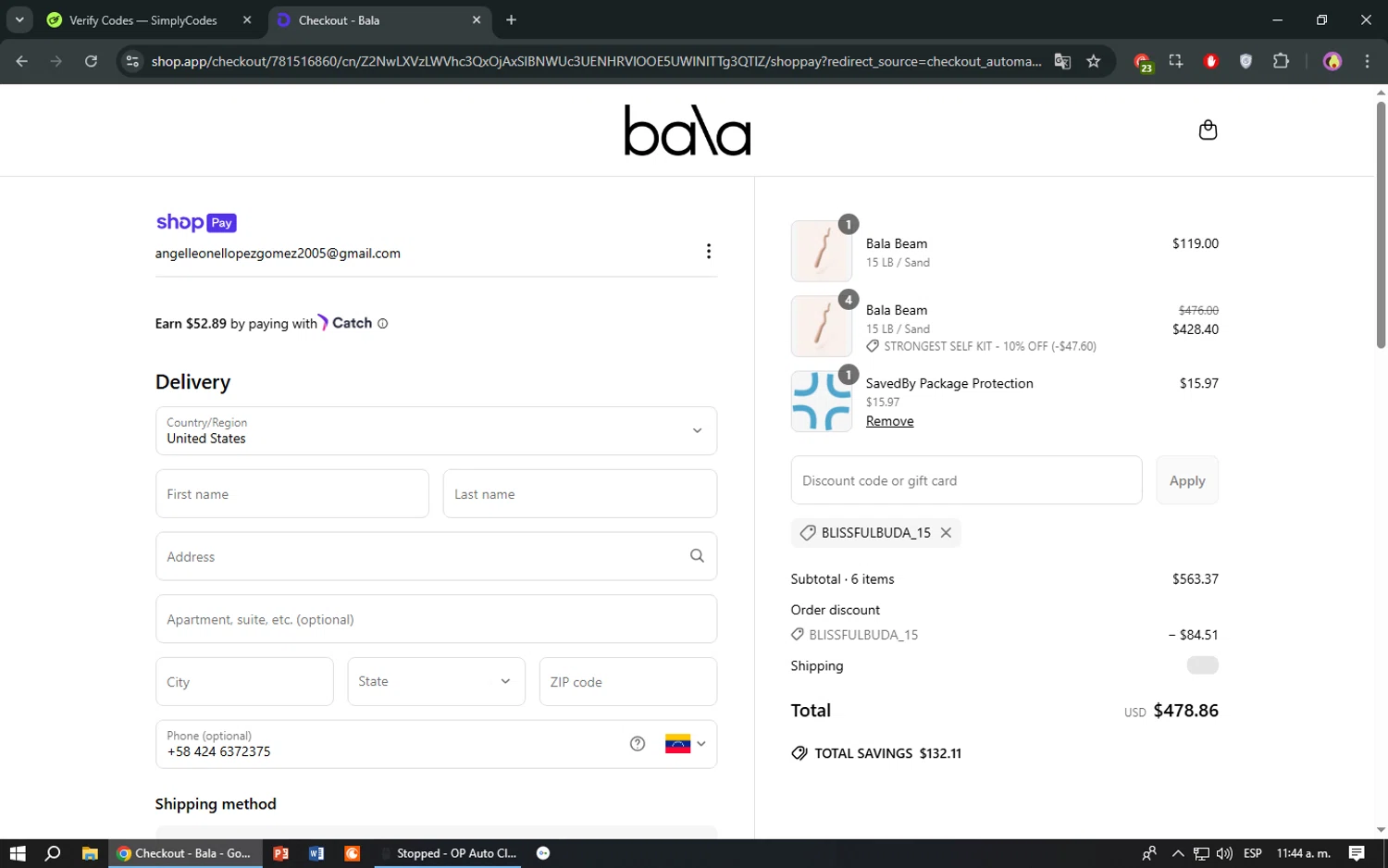 Bala Bangles discount code screenshot showing code BLISSFULBUDA_15 applied at Bala Bangles checkout page. Uploaded by SimplyCodes community member TreasureShopper9156 on Mar 18, 2025