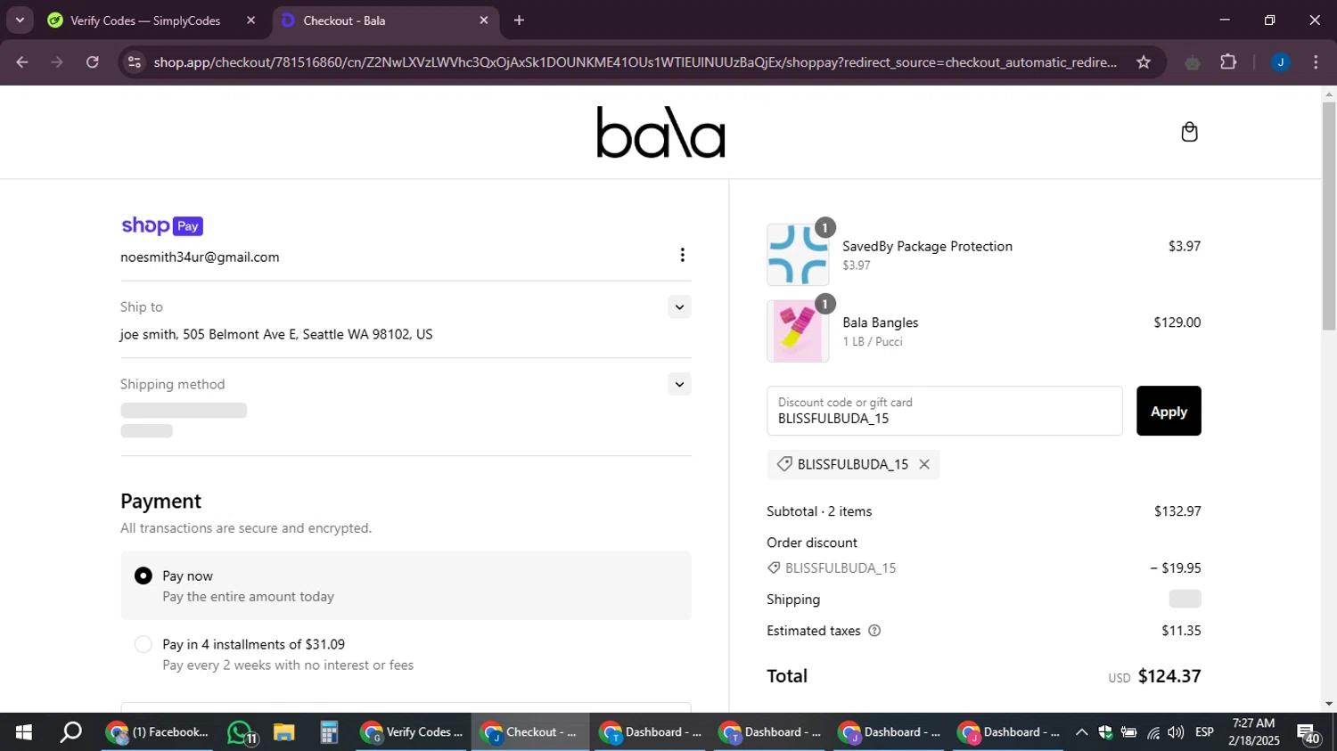Bala Bangles discount code screenshot showing code BLISSFULBUDA_15 applied at Bala Bangles checkout page. Uploaded by SimplyCodes community member noesmith34ur on Feb 18, 2025