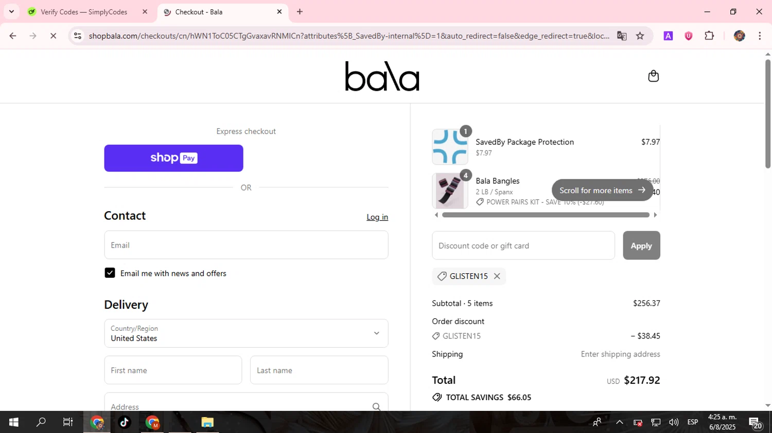Bala Bangles discount code screenshot showing code GLISTEN15 applied at Bala Bangles checkout page. Uploaded by SimplyCodes community member BudgetHunter9184 on Aug 6, 2025