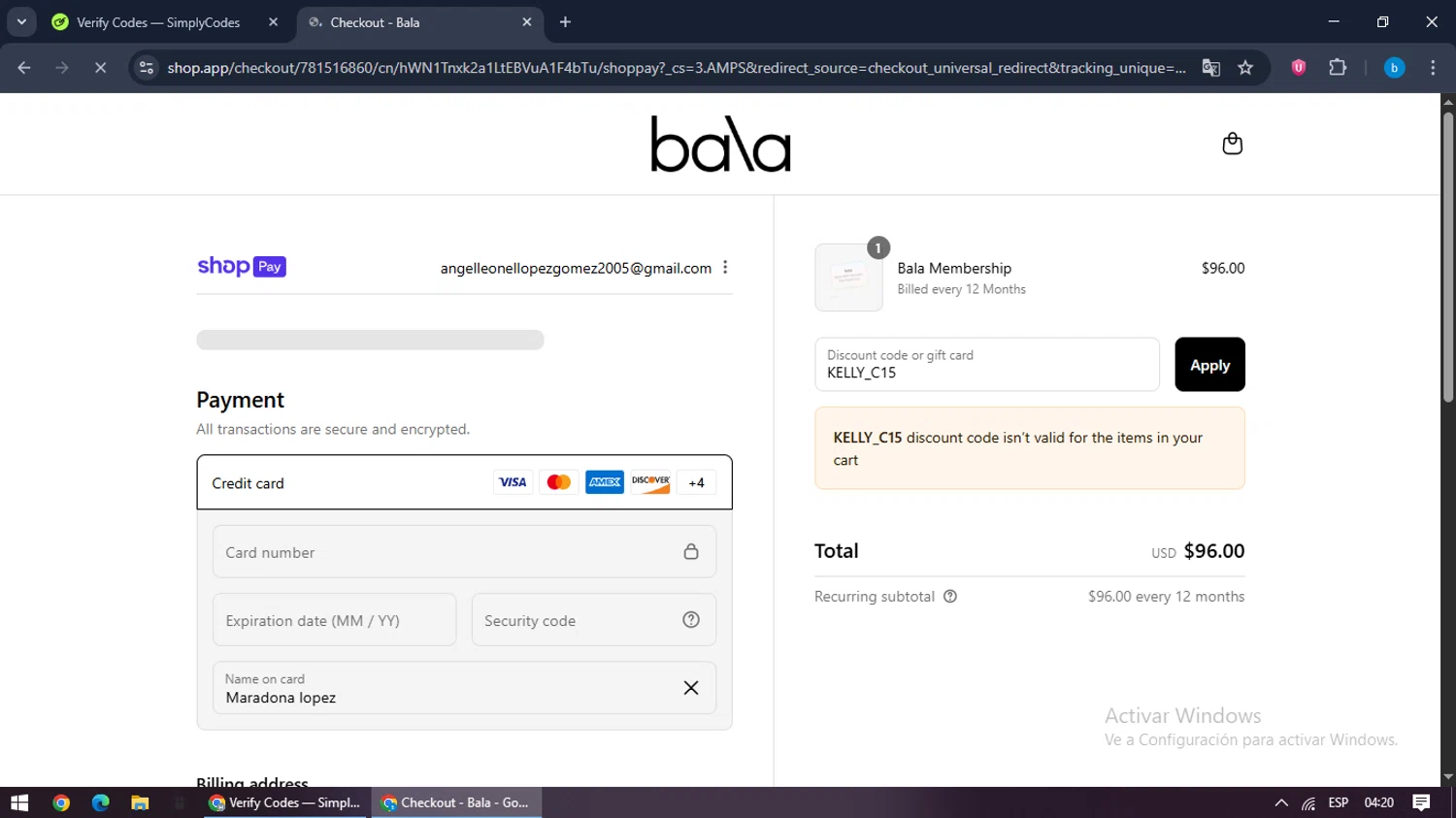 Bala Bangles discount code screenshot showing code KELLY_C15 applied at Bala Bangles checkout page. Uploaded by SimplyCodes community member bilijr on Aug 6, 2025