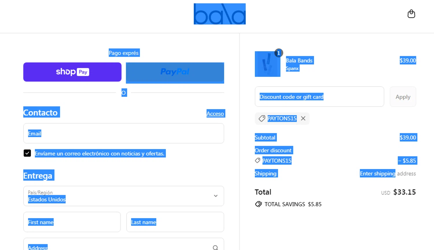 Bala Bangles discount code screenshot showing code PAYTONS15 applied at Bala Bangles checkout page. Uploaded by SimplyCodes community member cachirulo on Aug 28, 2025