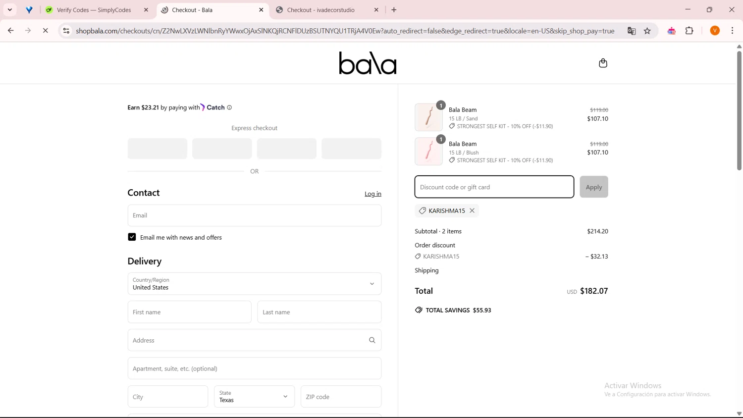 Bala Bangles discount code screenshot showing code KARISHMA15 applied at Bala Bangles checkout page. Uploaded by SimplyCodes community member ExtraordinarySaver9637 on Apr 23, 2025