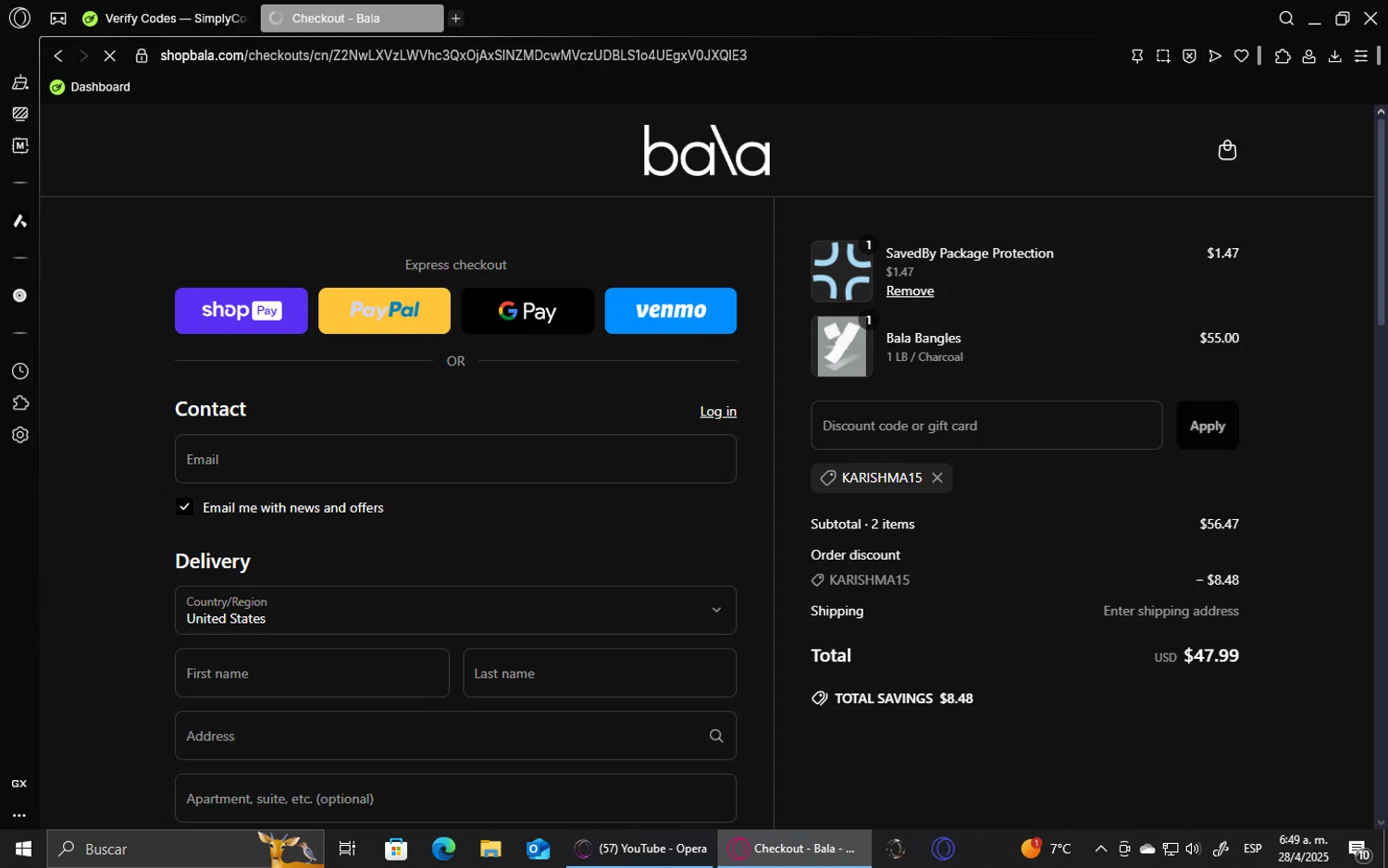 Bala Bangles discount code screenshot showing code KARISHMA15 applied at Bala Bangles checkout page. Uploaded by SimplyCodes community member ShieldVirtuoso1197 on Apr 28, 2025