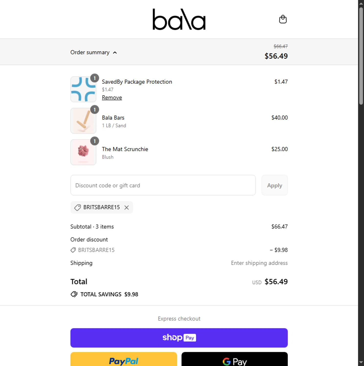 Bala Bangles discount code screenshot showing code BRITSBARRE15 applied at Bala Bangles checkout page. Uploaded by SimplyCodes community member Beaaalmera on Jul 5, 2025