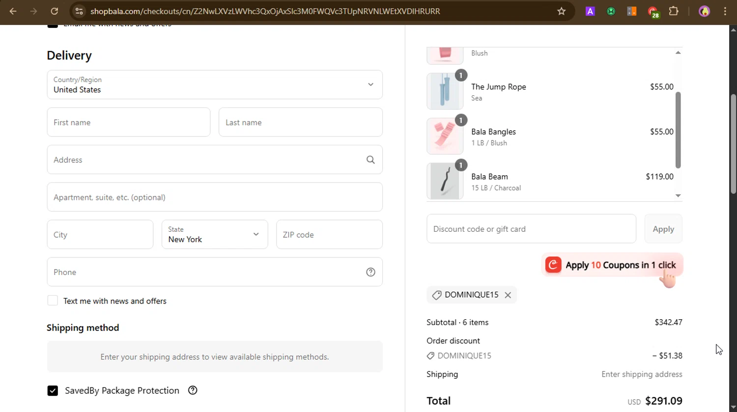 Bala Bangles discount code screenshot showing code DOMINIQUE15 applied at Bala Bangles checkout page. Uploaded by SimplyCodes community member GoldAce5838 on May 26, 2025
