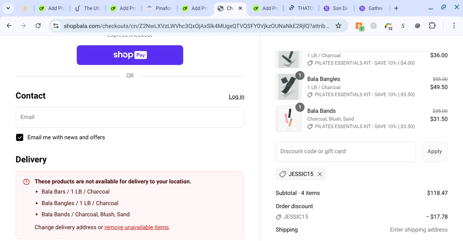 Bala Bangles discount code screenshot showing code jessic15 applied at Bala Bangles checkout page. Uploaded by SimplyCodes community member KarinaHZ on Jun 21, 2025