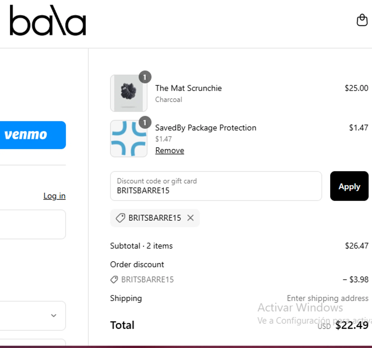 Bala Bangles discount code screenshot showing code BRITSBARRE15 applied at Bala Bangles checkout page. Uploaded by SimplyCodes community member rassoulfstorres on Apr 23, 2025