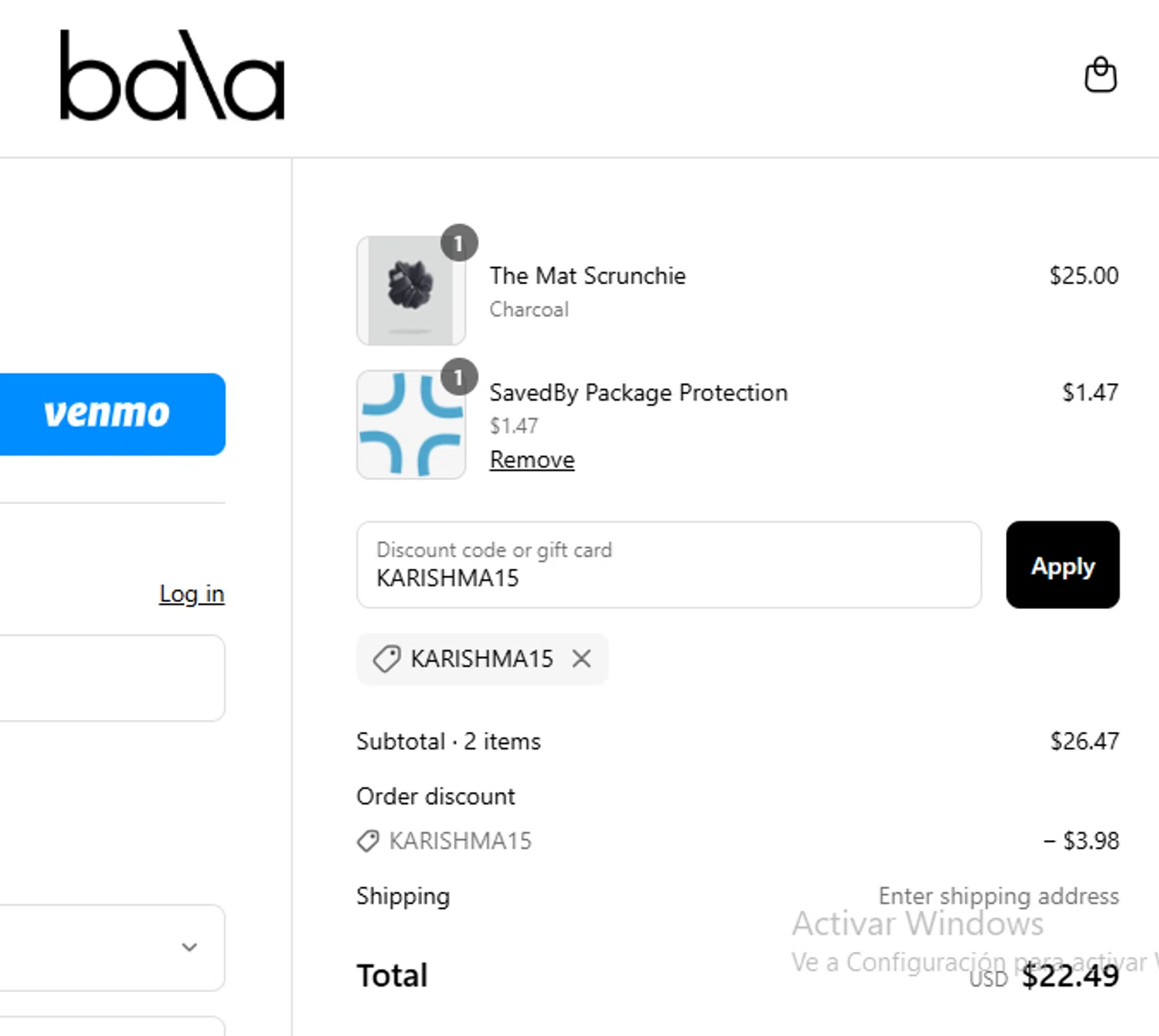 Bala Bangles discount code screenshot showing code KARISHMA15 applied at Bala Bangles checkout page. Uploaded by SimplyCodes community member rassoulfstorres on Apr 23, 2025
