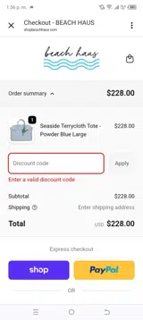 BEACH HAUS coupon verification screenshot