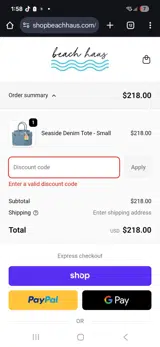 BEACH HAUS coupon verification screenshot