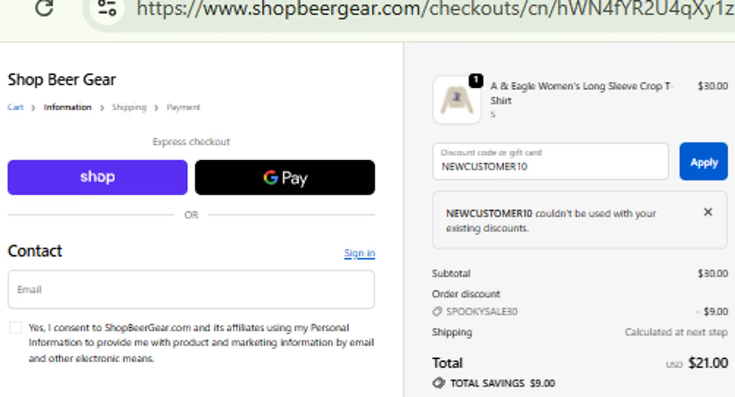 Shop Beer Gear discount code screenshot showing code NEWCUSTOMER10 applied at Shop Beer Gear checkout page. Uploaded by SimplyCodes community member RewardFinder4836 on Oct 29, 2025