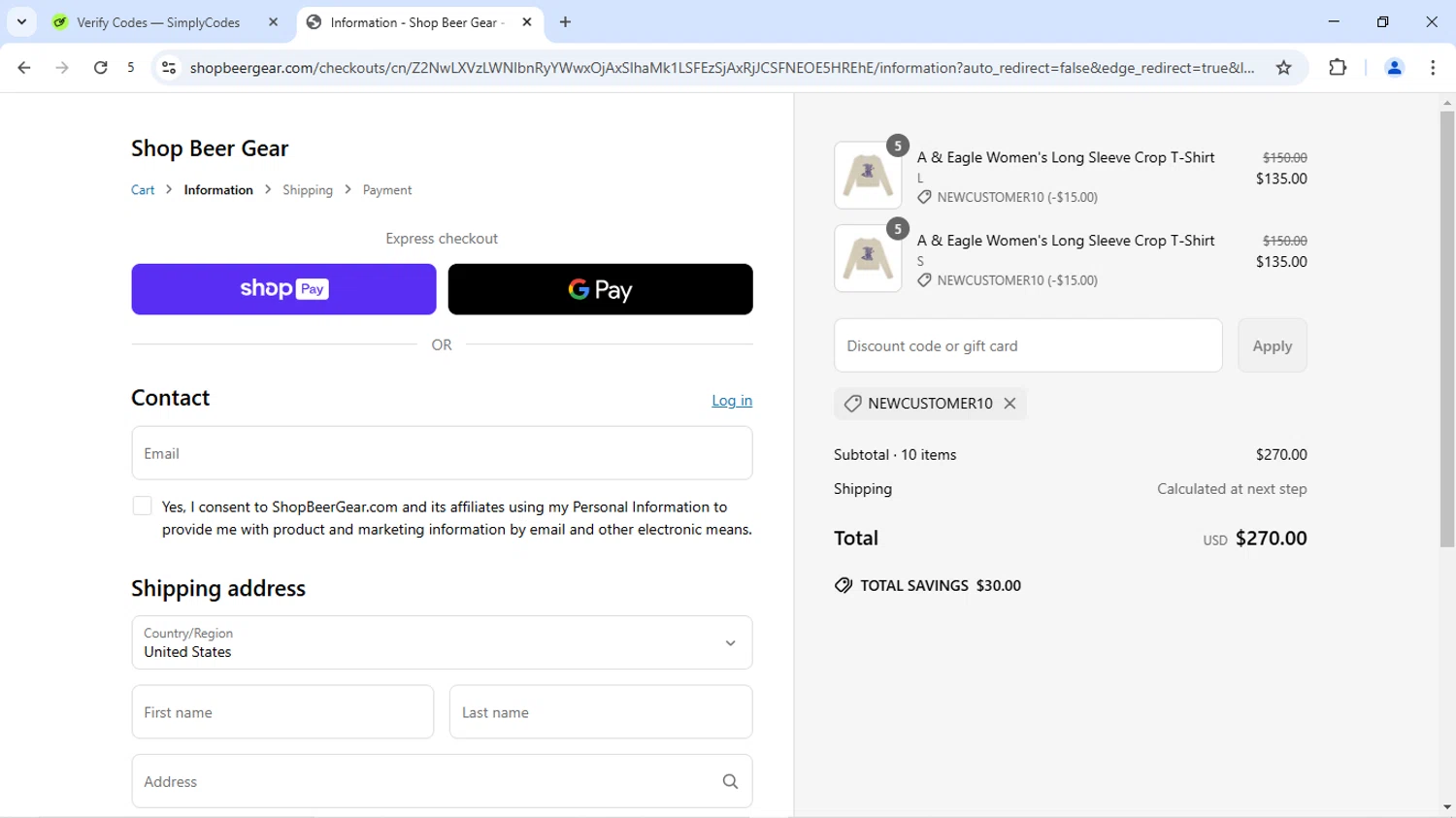 Shop Beer Gear discount code screenshot showing code NEWCUSTOMER10 applied at Shop Beer Gear checkout page. Uploaded by SimplyCodes community member TheGnomo on Jun 17, 2025