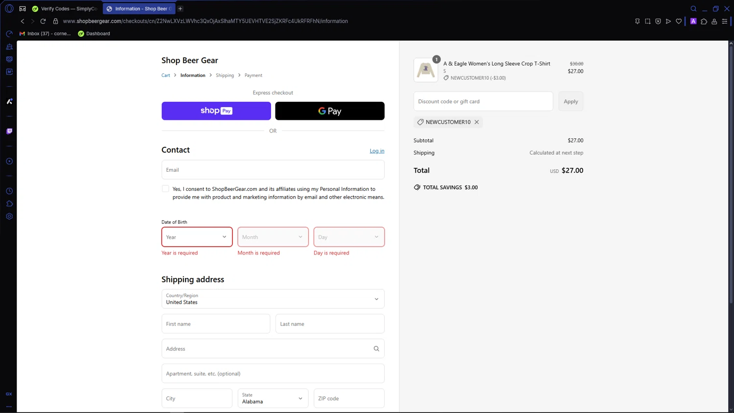 Shop Beer Gear discount code screenshot showing code NEWCUSTOMER10 applied at Shop Beer Gear checkout page. Uploaded by SimplyCodes community member VictoriousCaptain3902 on Jun 17, 2025
