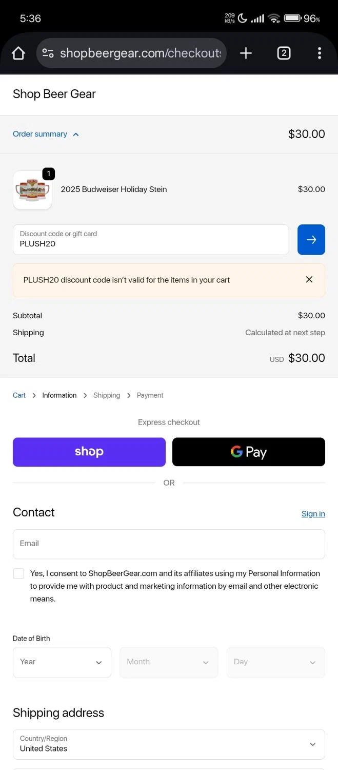 Shop Beer Gear discount code screenshot showing code PLUSH20 applied at Shop Beer Gear checkout page. Uploaded by SimplyCodes community member Lhhfhii on Nov 23, 2025