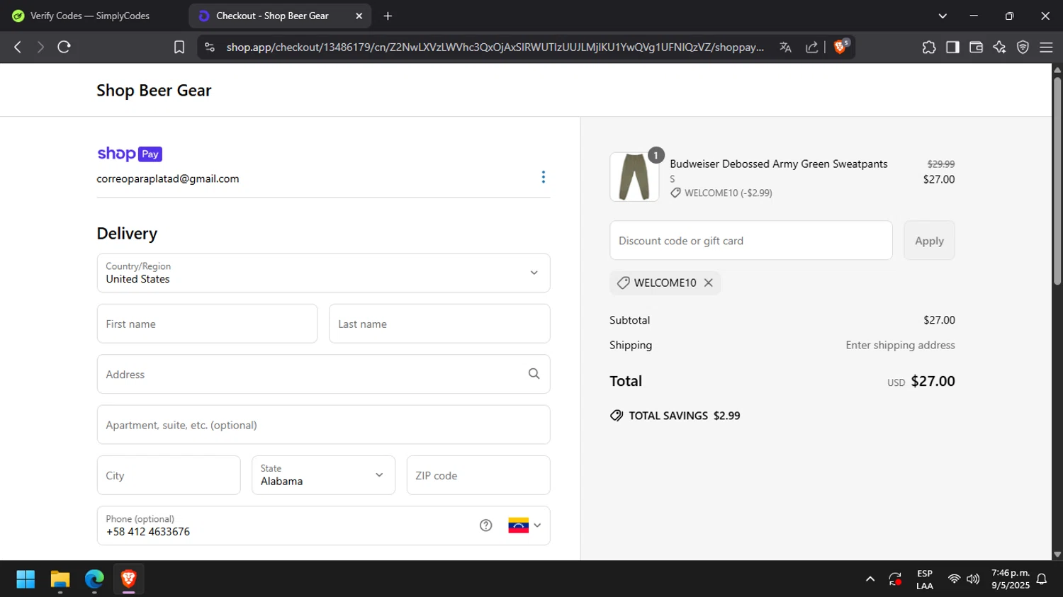 Shop Beer Gear discount code screenshot showing code WELCOME10 applied at Shop Beer Gear checkout page. Uploaded by SimplyCodes community member DaniTsu on May 9, 2025