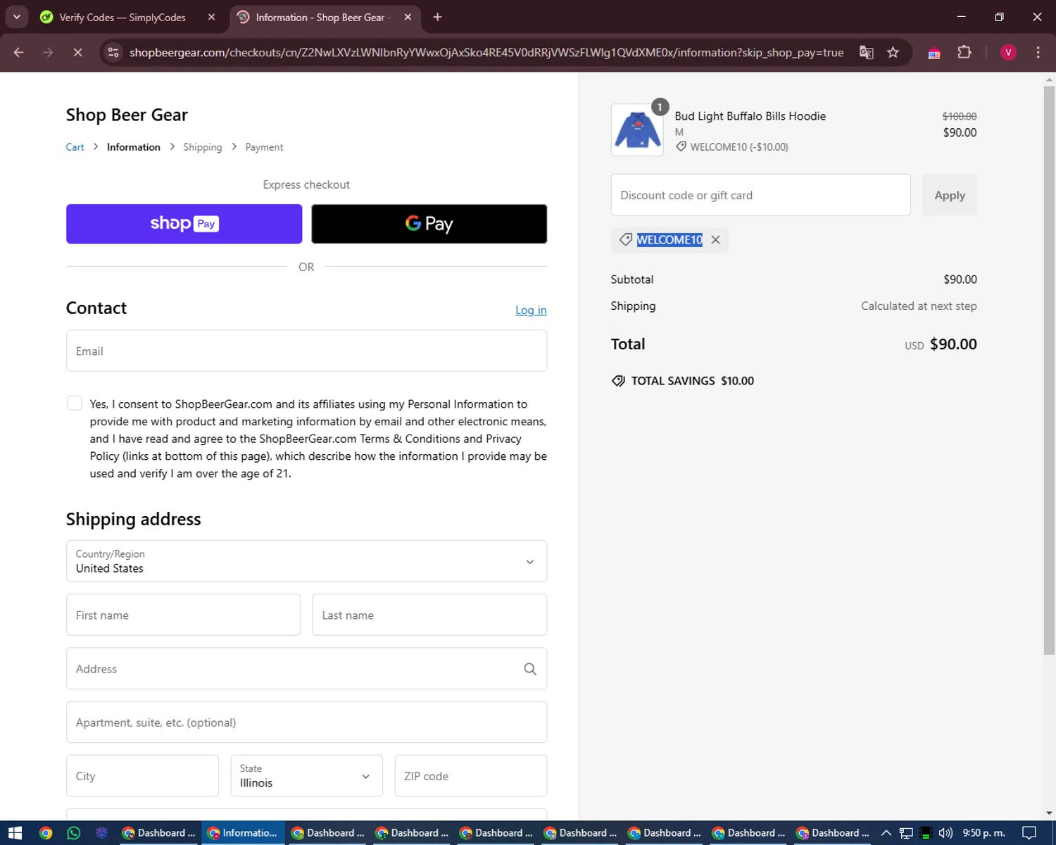 Shop Beer Gear discount code screenshot showing code WELCOME10 applied at Shop Beer Gear checkout page. Uploaded by SimplyCodes community member ShieldEagle6102 on Jan 23, 2025