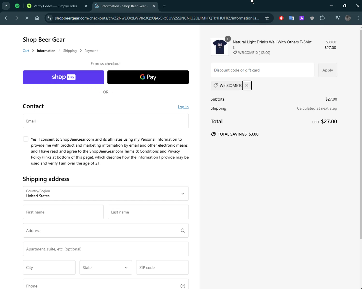 Shop Beer Gear discount code screenshot showing code WELCOME10 applied at Shop Beer Gear checkout page. Uploaded by SimplyCodes community member tony2702 on Feb 7, 2025