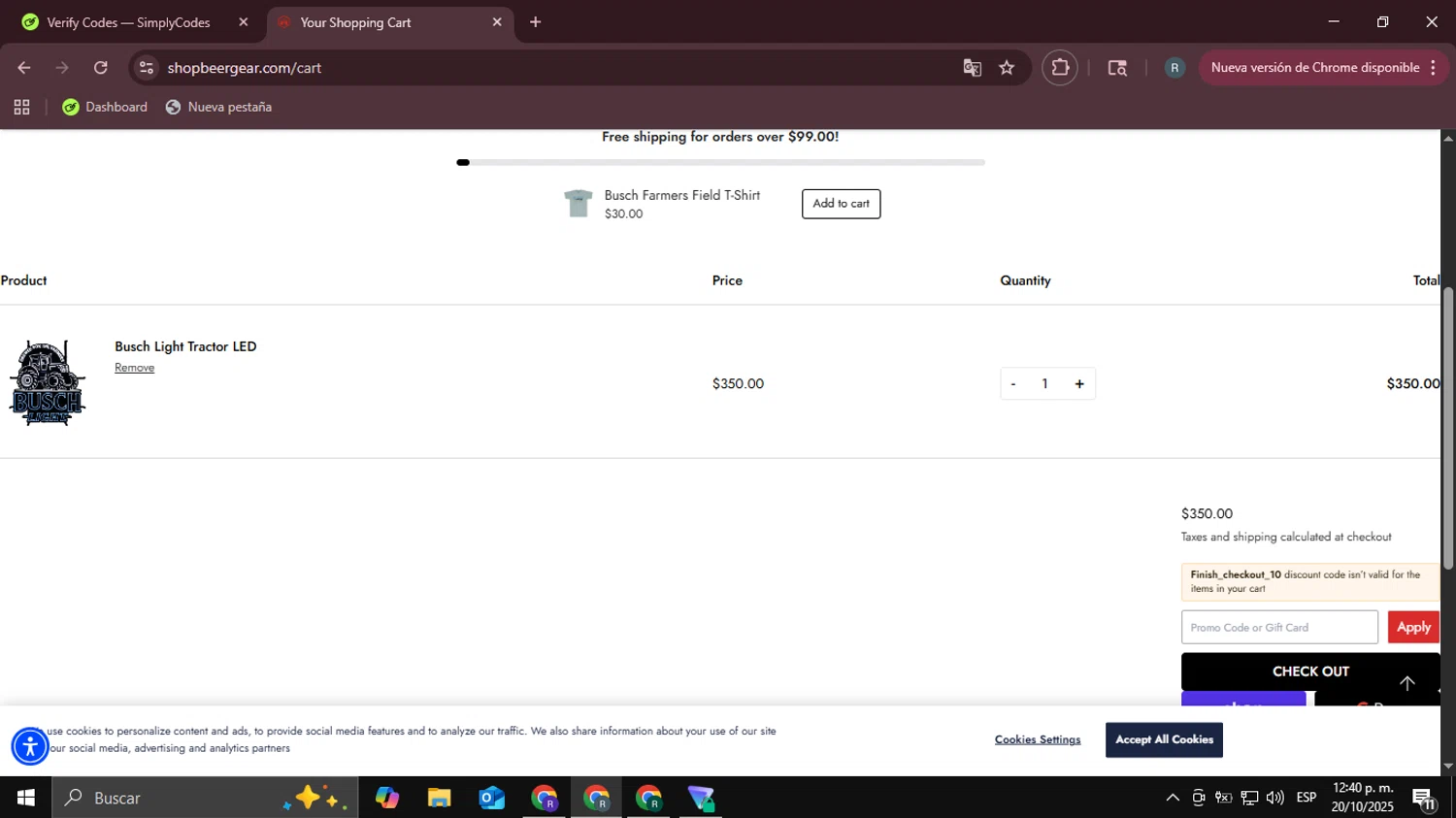 Shop Beer Gear discount code screenshot showing code FINISH_CHECKOUT_10 applied at Shop Beer Gear checkout page. Uploaded by SimplyCodes community member DealHawk3765 on Oct 20, 2025