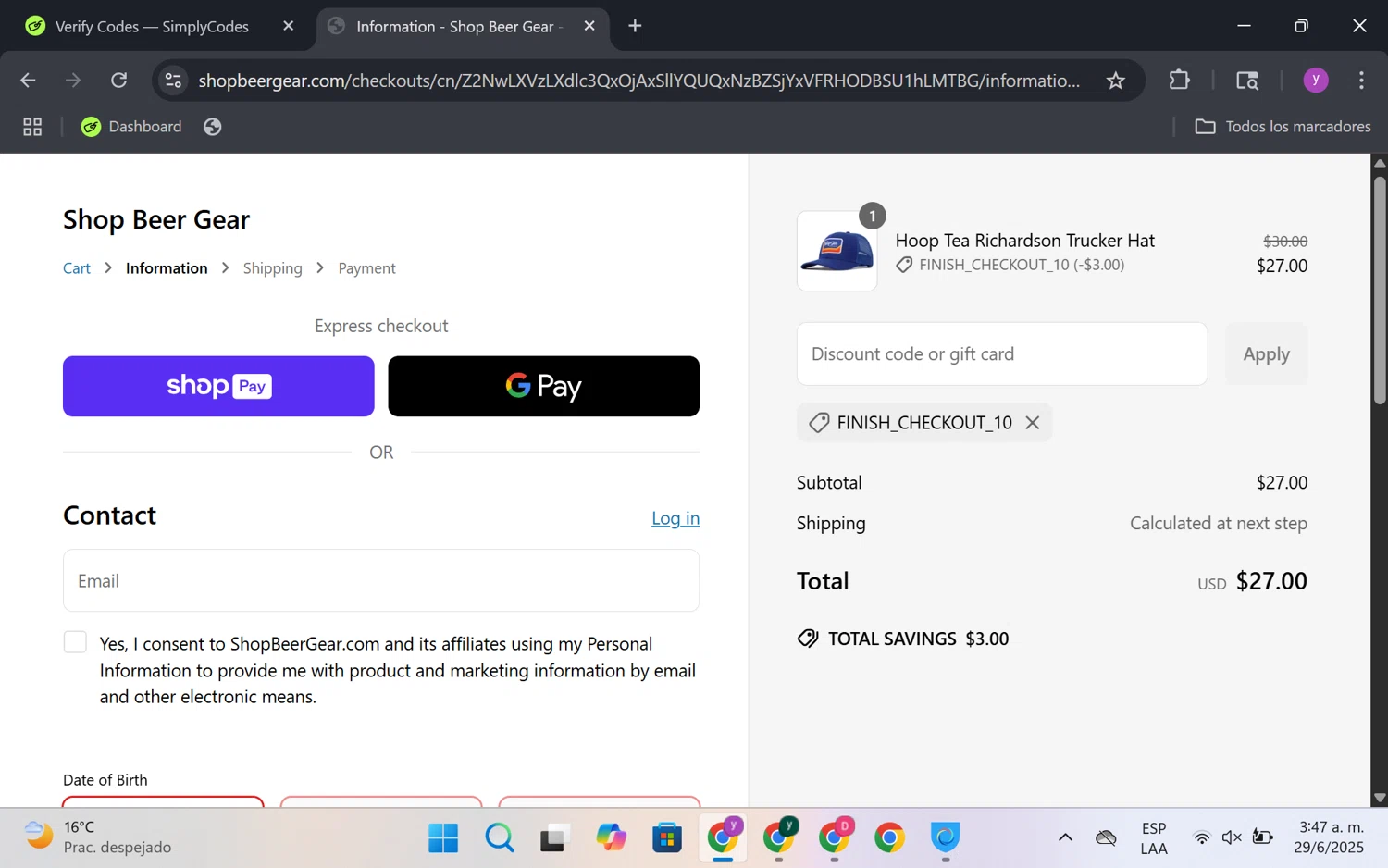 Shop Beer Gear discount code screenshot showing code FINISH_CHECKOUT_10 applied at Shop Beer Gear checkout page. Uploaded by SimplyCodes community member FrugalKnight6753 on Jun 29, 2025