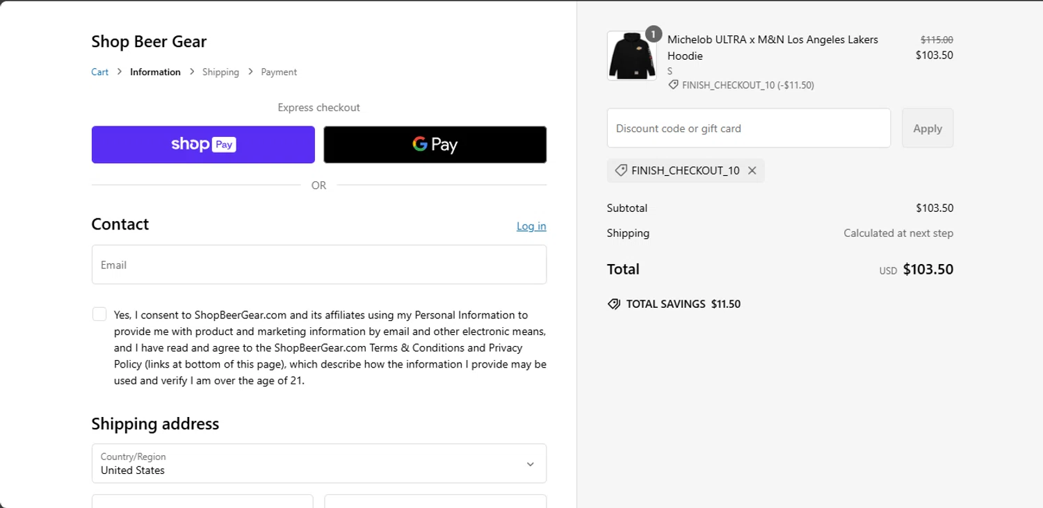 Shop Beer Gear discount code screenshot showing code FINISH_CHECKOUT_10 applied at Shop Beer Gear checkout page. Uploaded by SimplyCodes community member DealFinder8915 on Jan 30, 2025