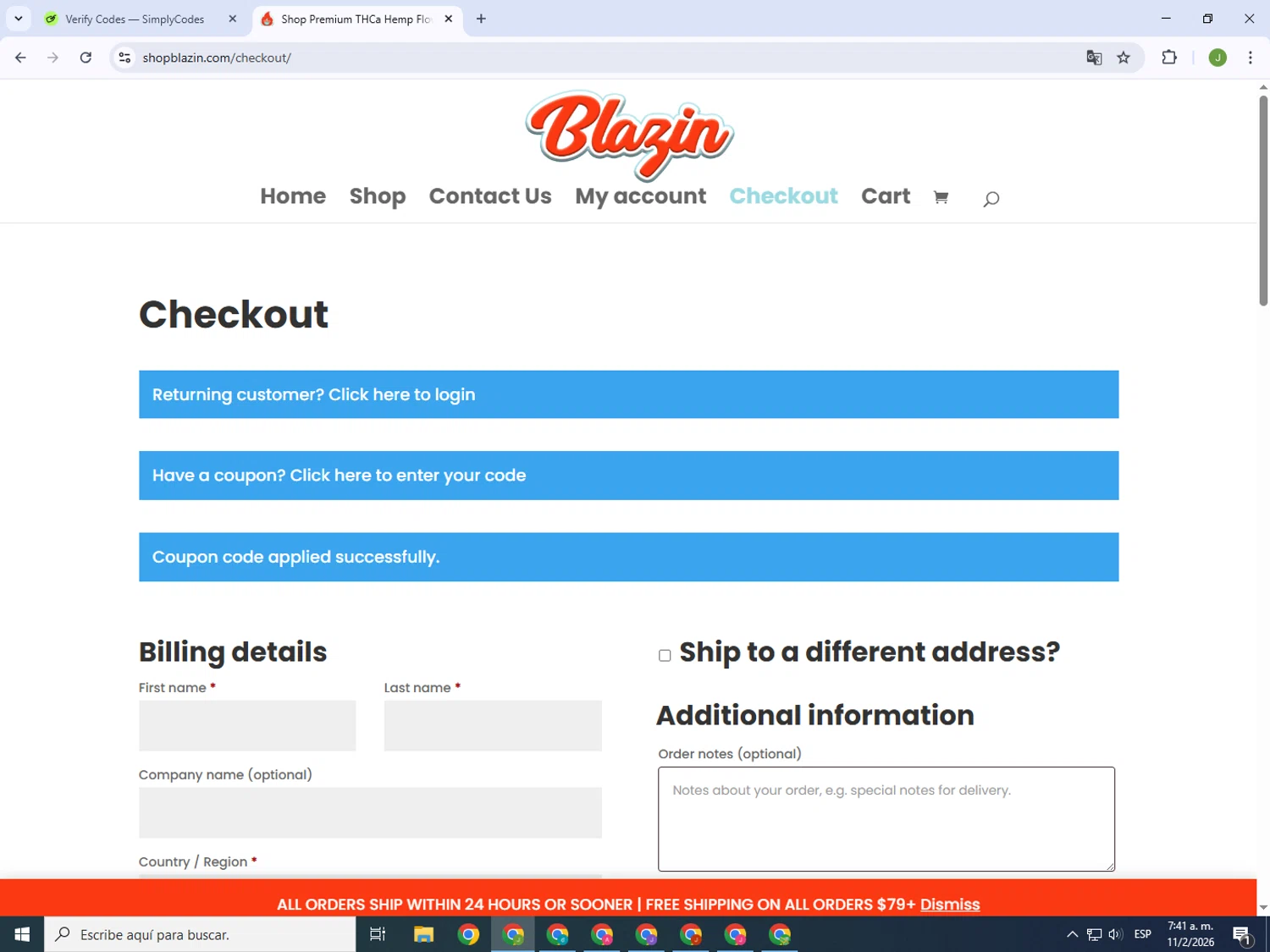 Shop Blazin checkout page showing Shop Blazin coupon code box | Screenshot taken by SimplyCodes community member on Feb 11, 2026