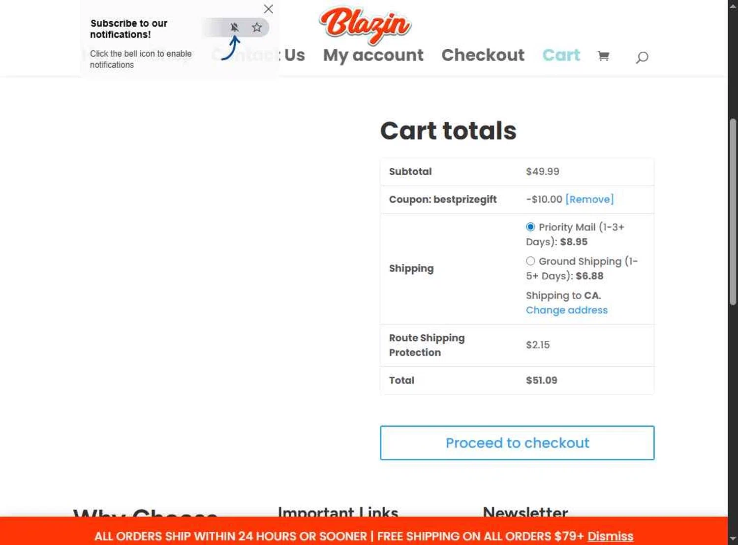 Shop Blazin coupon code screenshot showing code bestprizegift applied at Shop Blazin checkout page. Uploaded by SimplyCodes community member DealExpert4491 on Aug 26, 2025