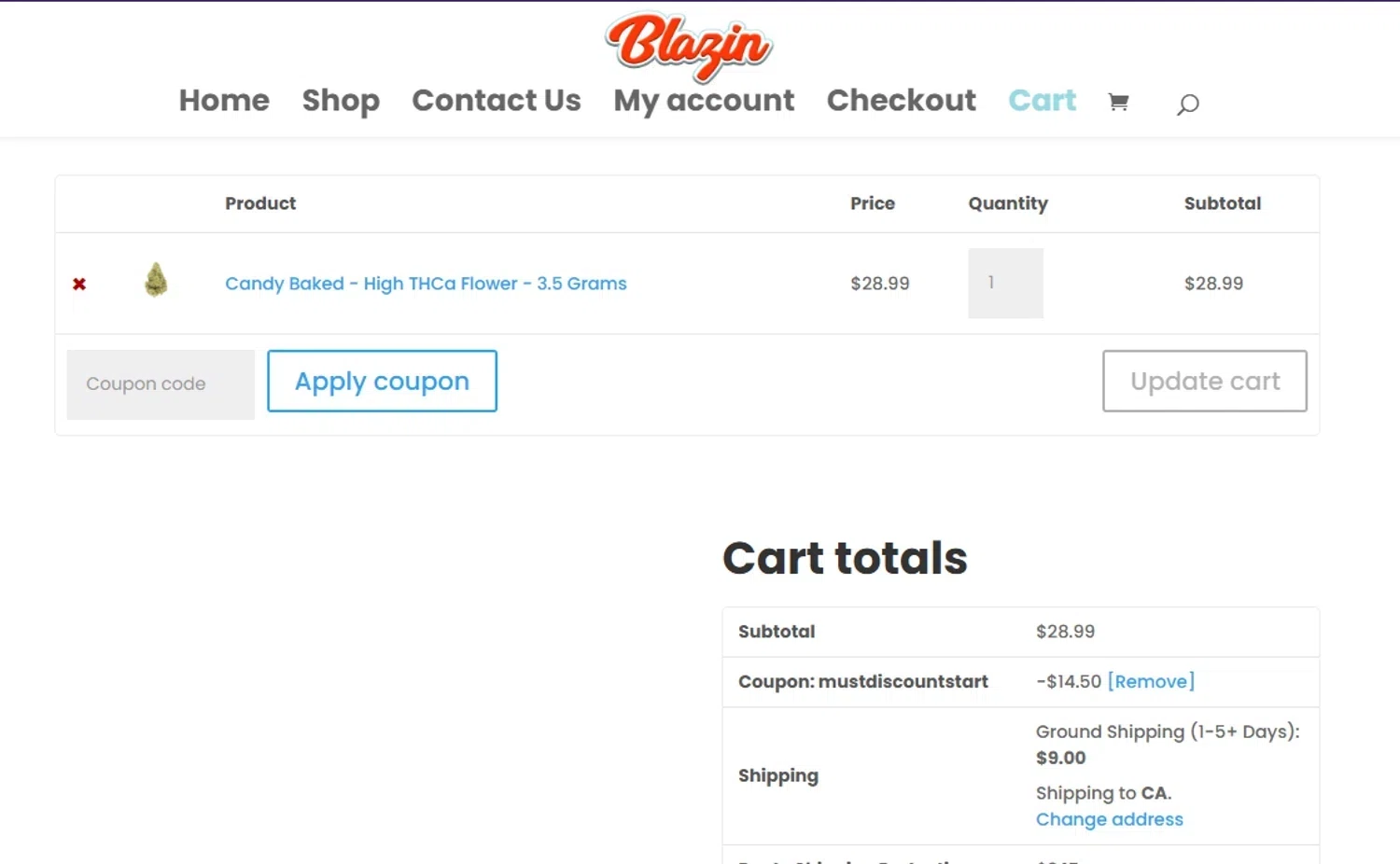 Shop Blazin coupon code screenshot showing code mustdiscountstart applied at Shop Blazin checkout page. Uploaded by SimplyCodes community member LOgoter on Jan 5, 2026