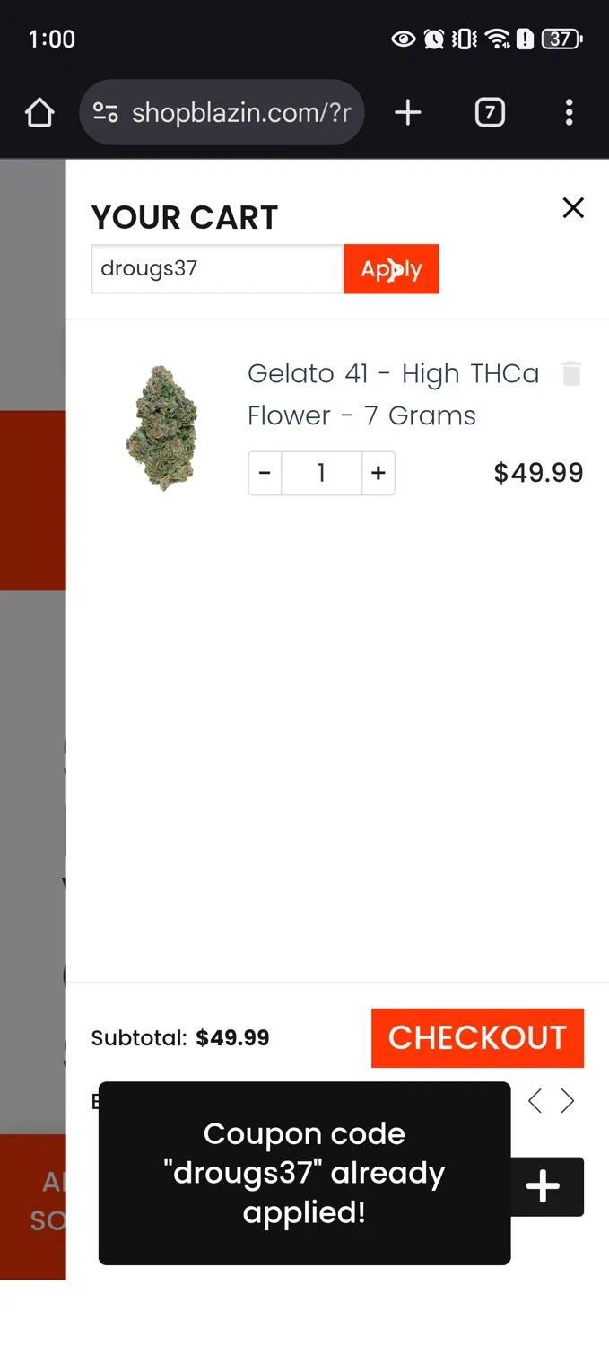 Shop Blazin coupon code screenshot showing code drougs37 applied at Shop Blazin checkout page. Uploaded by SimplyCodes community member Koala6552243252915 on Nov 14, 2025