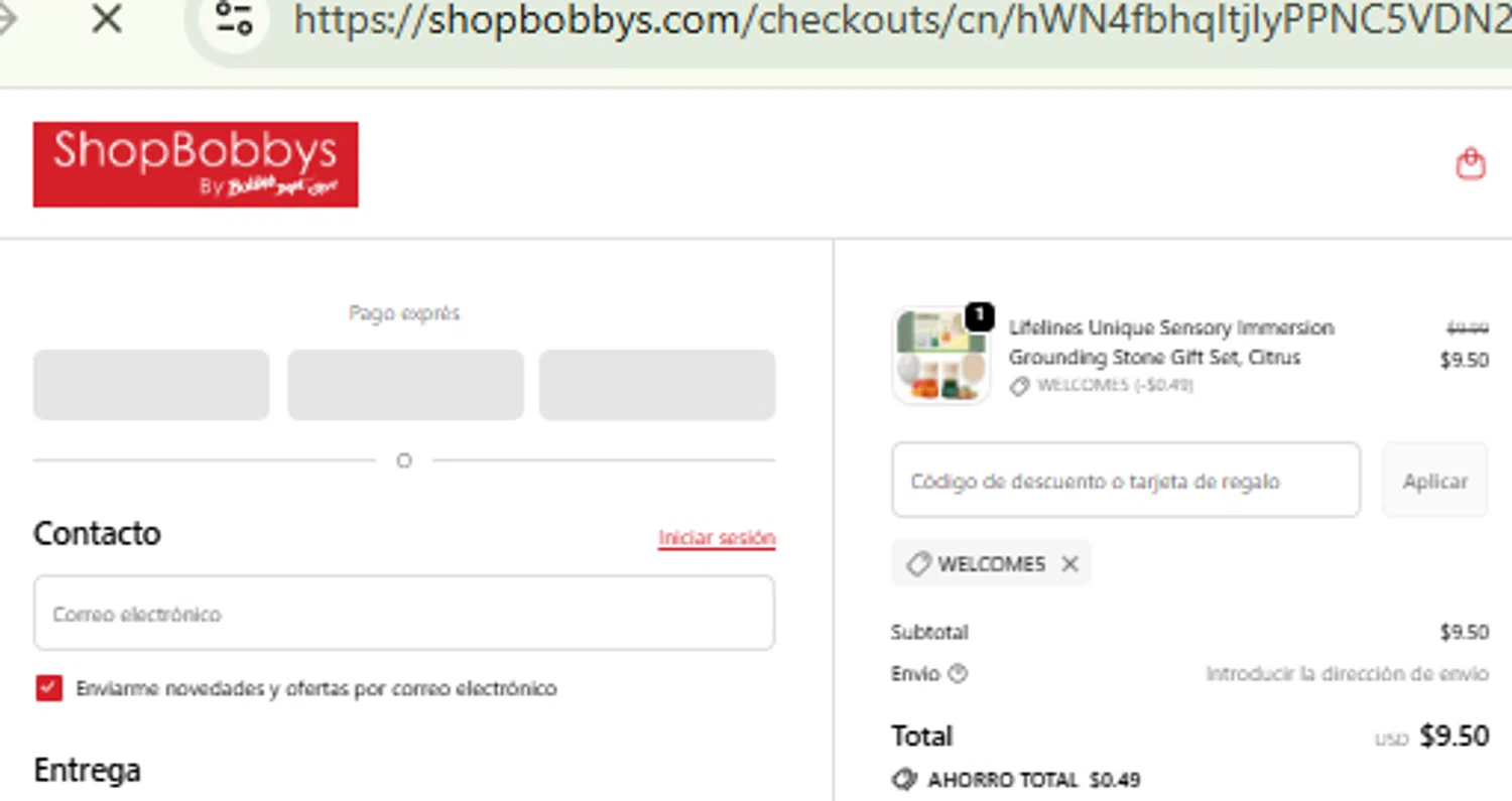 Shop Bobbys promo code screenshot showing code WELCOME5 applied at Shop Bobbys checkout page. Uploaded by SimplyCodes community member RewardFinder4836 on Oct 29, 2025