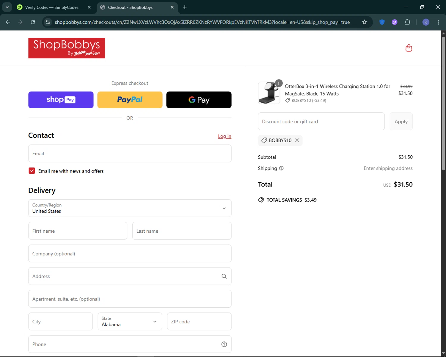 Shop Bobbys promo code screenshot showing code BOBBYS10 applied at Shop Bobbys checkout page. Uploaded by SimplyCodes community member KevLapage on May 20, 2025