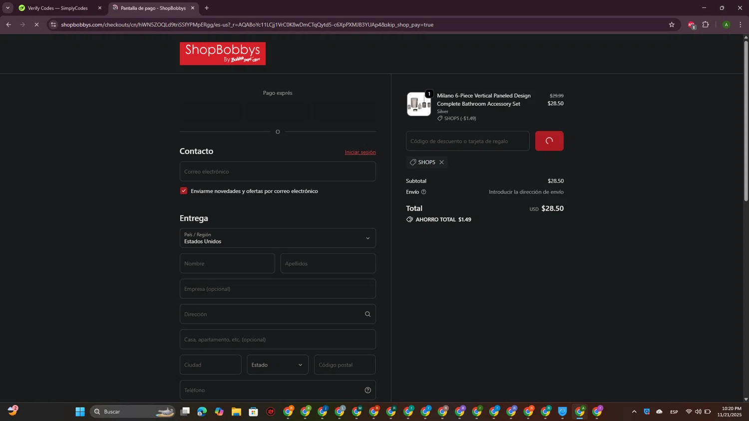 Shop Bobbys promo code screenshot showing code SHOP5 applied at Shop Bobbys checkout page. Uploaded by SimplyCodes community member CrownPioneer7057 on Nov 22, 2025