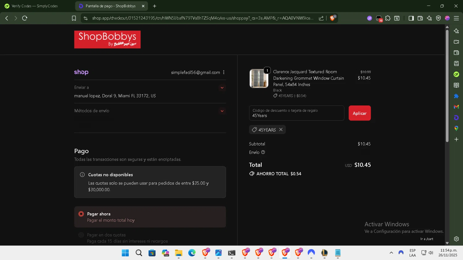 Shop Bobbys promo code screenshot showing code 45Years applied at Shop Bobbys checkout page. Uploaded by SimplyCodes community member ArtPOPO on Nov 27, 2025