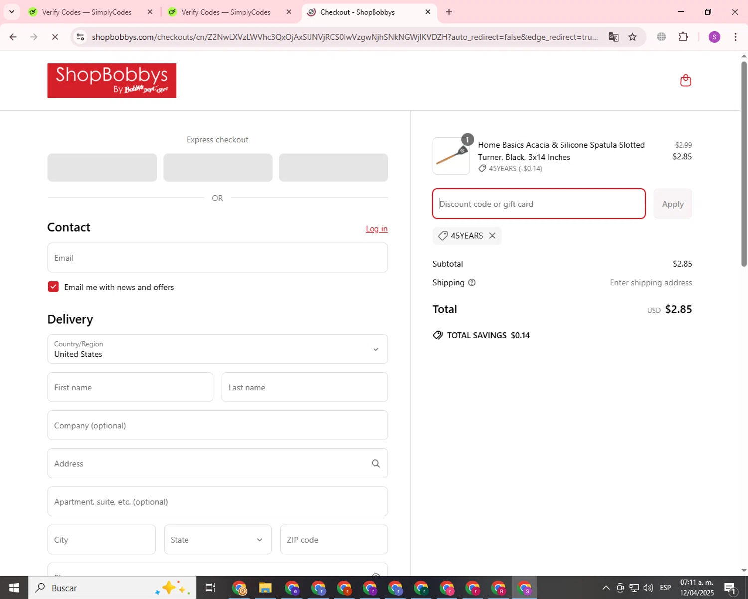 Shop Bobbys promo code screenshot showing code 45Years applied at Shop Bobbys checkout page. Uploaded by SimplyCodes community member CouponScout7561 on Apr 12, 2025