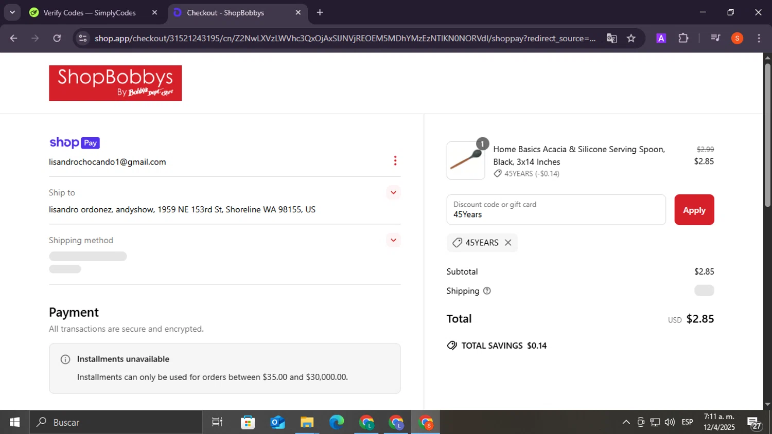 Shop Bobbys promo code screenshot showing code 45Years applied at Shop Bobbys checkout page. Uploaded by SimplyCodes community member lacrita_pirueta on Apr 12, 2025