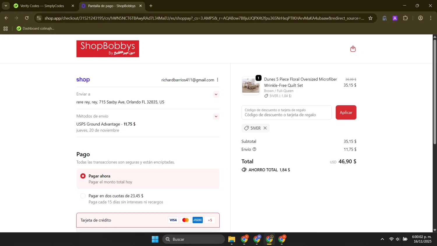 Shop Bobbys promo code screenshot showing code 5IVER applied at Shop Bobbys checkout page. Uploaded by SimplyCodes community member FortunateElite9977 on Nov 16, 2025