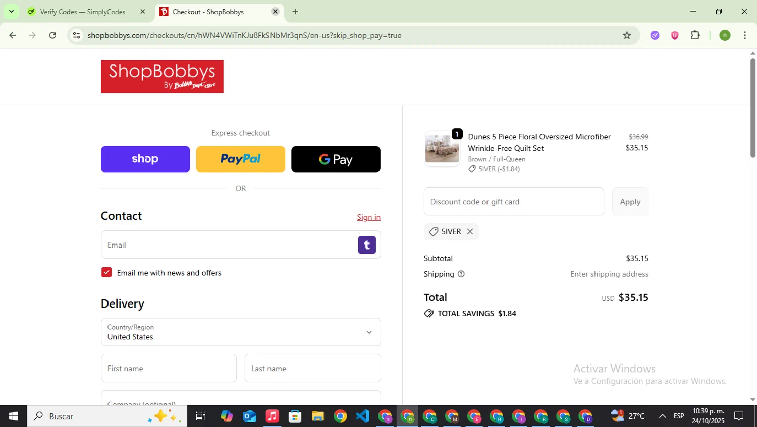 Shop Bobbys promo code screenshot showing code 5IVER applied at Shop Bobbys checkout page. Uploaded by SimplyCodes community member SwiftSaver6197 on Oct 25, 2025