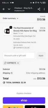 COFFEE15 coupon verification screenshot