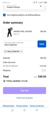 WELCOME590 coupon verification screenshot
