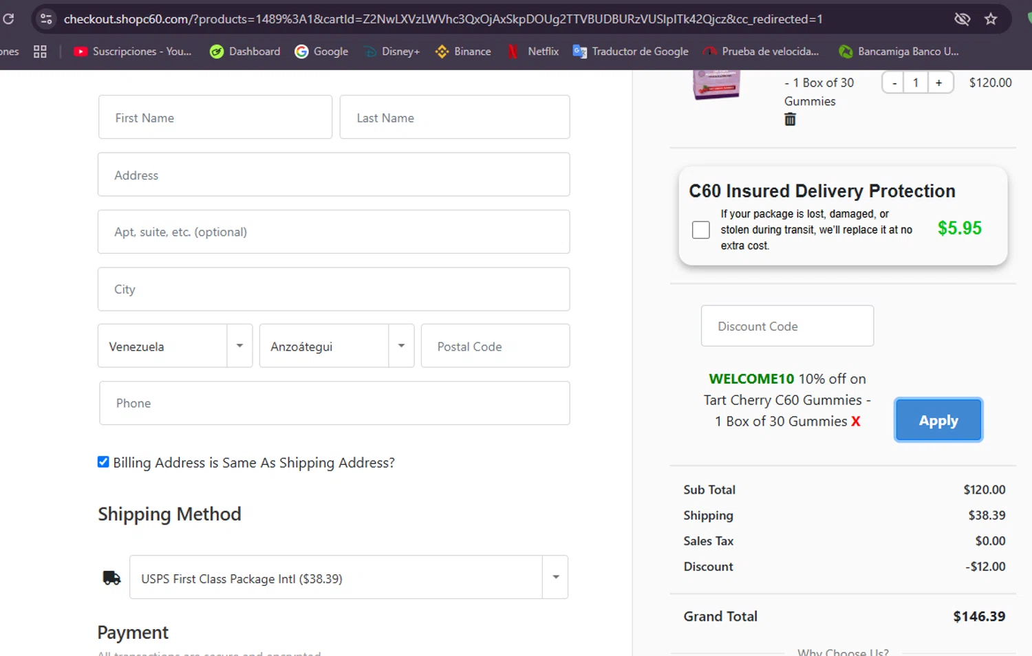 Shop C60 discount code screenshot showing code WELCOME10 applied at Shop C60 checkout page. Uploaded by SimplyCodes community member Mulan5674851292422 on Jan 24, 2025