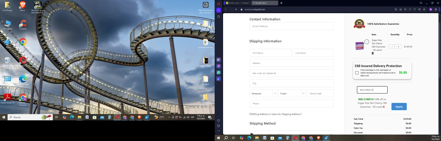 Shop C60 discount code screenshot showing code WELCOME10 applied at Shop C60 checkout page. Uploaded by SimplyCodes community member SavingsSentinel833 on Feb 10, 2025