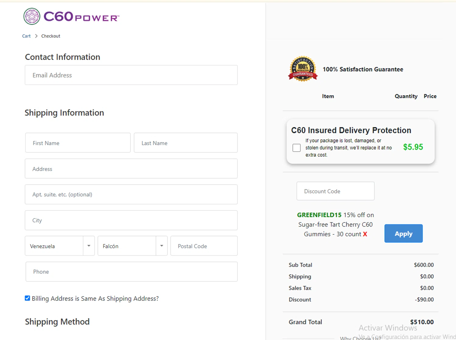Shop C60 discount code screenshot showing code GREENFIELD15 applied at Shop C60 checkout page. Uploaded by SimplyCodes community member SmartNavigator7010 on Jan 30, 2025