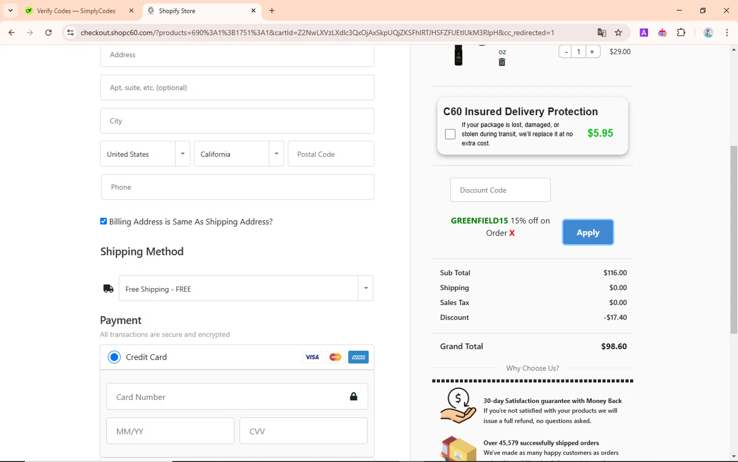 Shop C60 discount code screenshot showing code GREENFIELD15 applied at Shop C60 checkout page. Uploaded by SimplyCodes community member NobleScholar188 on Jan 30, 2025