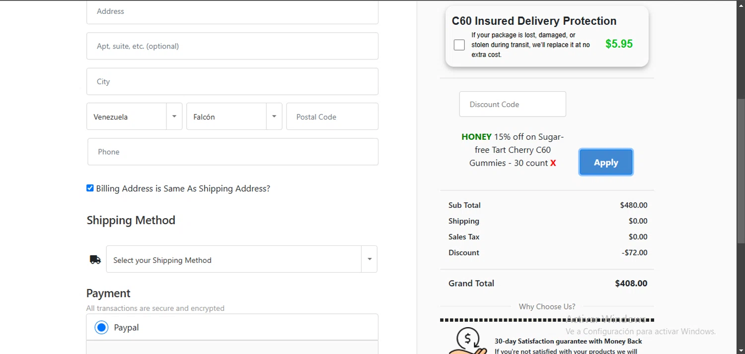 Shop C60 discount code screenshot showing code HONEY applied at Shop C60 checkout page. Uploaded by SimplyCodes community member Egni_149037891 on Feb 19, 2025